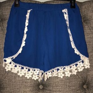 Blue Silky Shorts with Cream Flower Lace